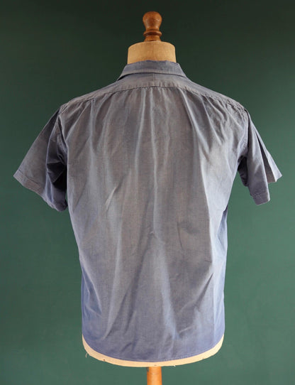 Vintage 1940s French workwear shirt - faded blue chambray cotton - darned and repaired - 42” chest