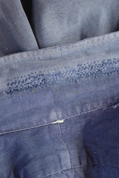 Vintage 1940s French workwear shirt - faded blue chambray cotton - darned and repaired - 42” chest