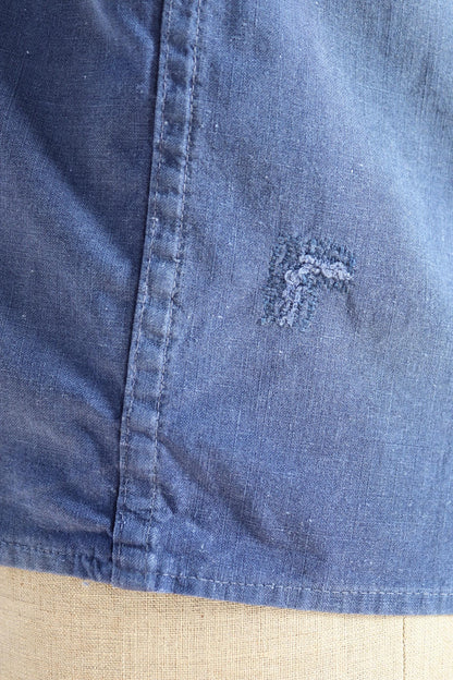 Vintage 1940s French workwear shirt - faded blue chambray cotton - darned and repaired - 42” chest
