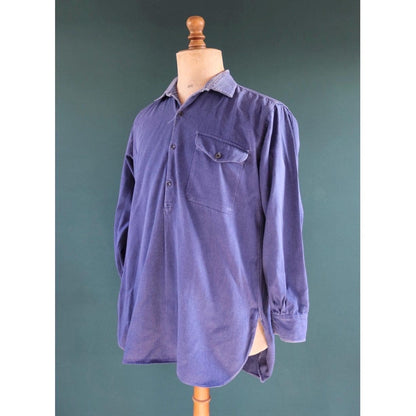 Vintage 1940s French workwear shirt - faded blue cotton - darned and repaired - 44” chest