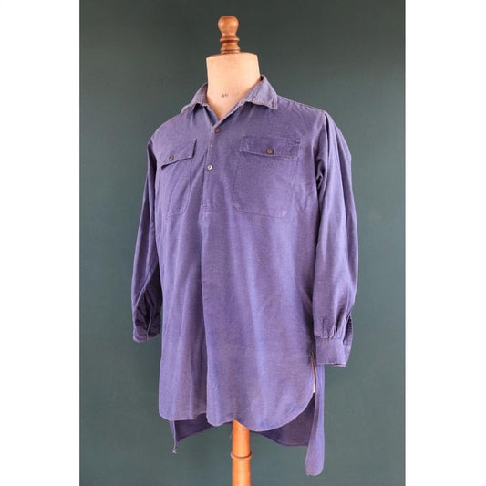 Vintage 1940s French workwear shirt - faded blue cotton - darned and repaired - 49” chest