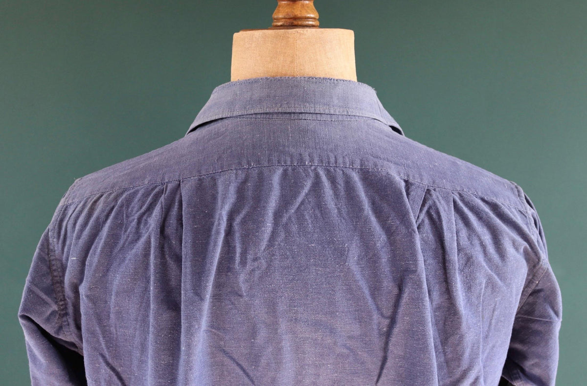 Vintage 1940s French workwear shirt - faded blue cotton - darned and repaired - 49” chest