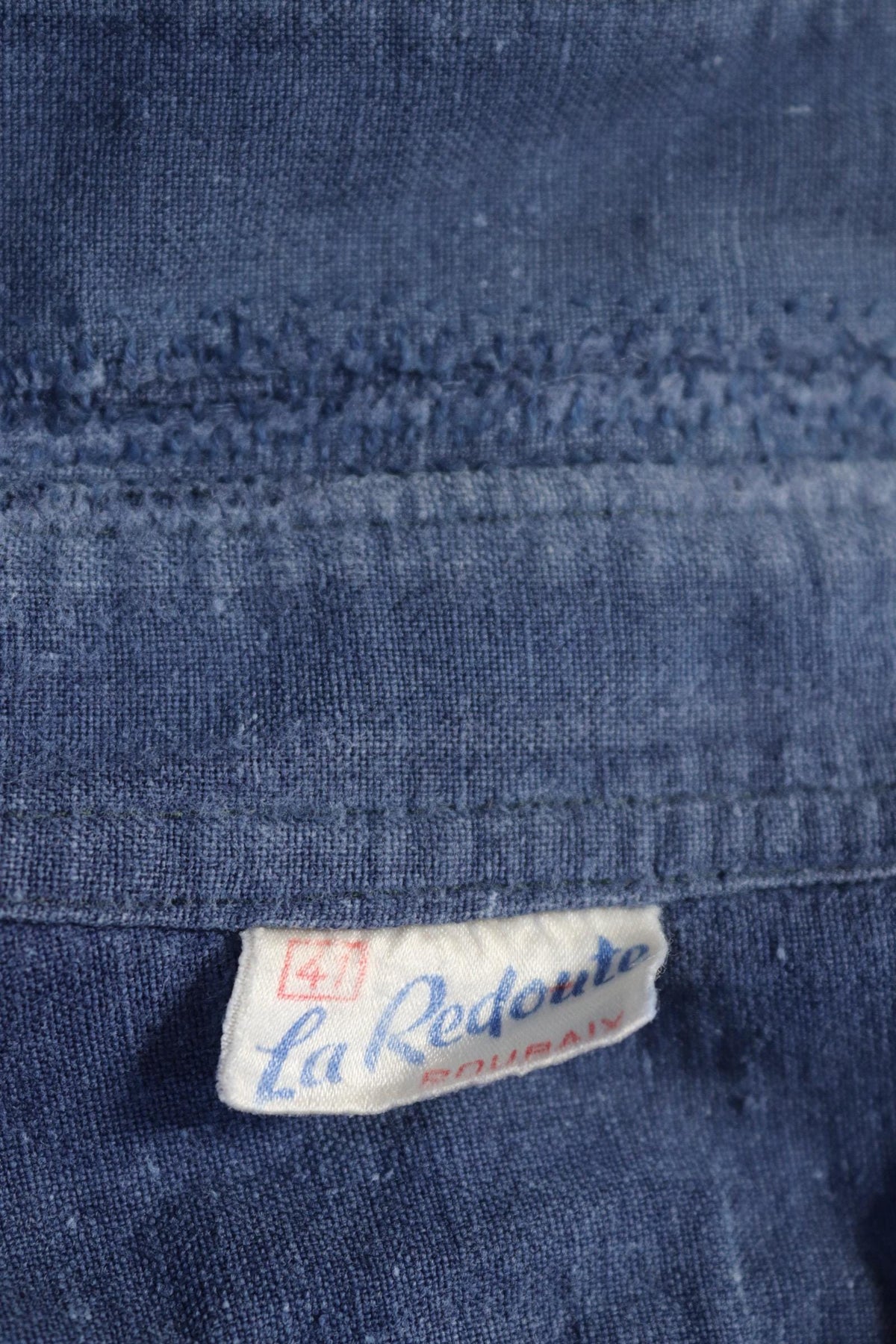 Vintage 1940s French workwear shirt - faded blue cotton - darned and repaired - 49” chest
