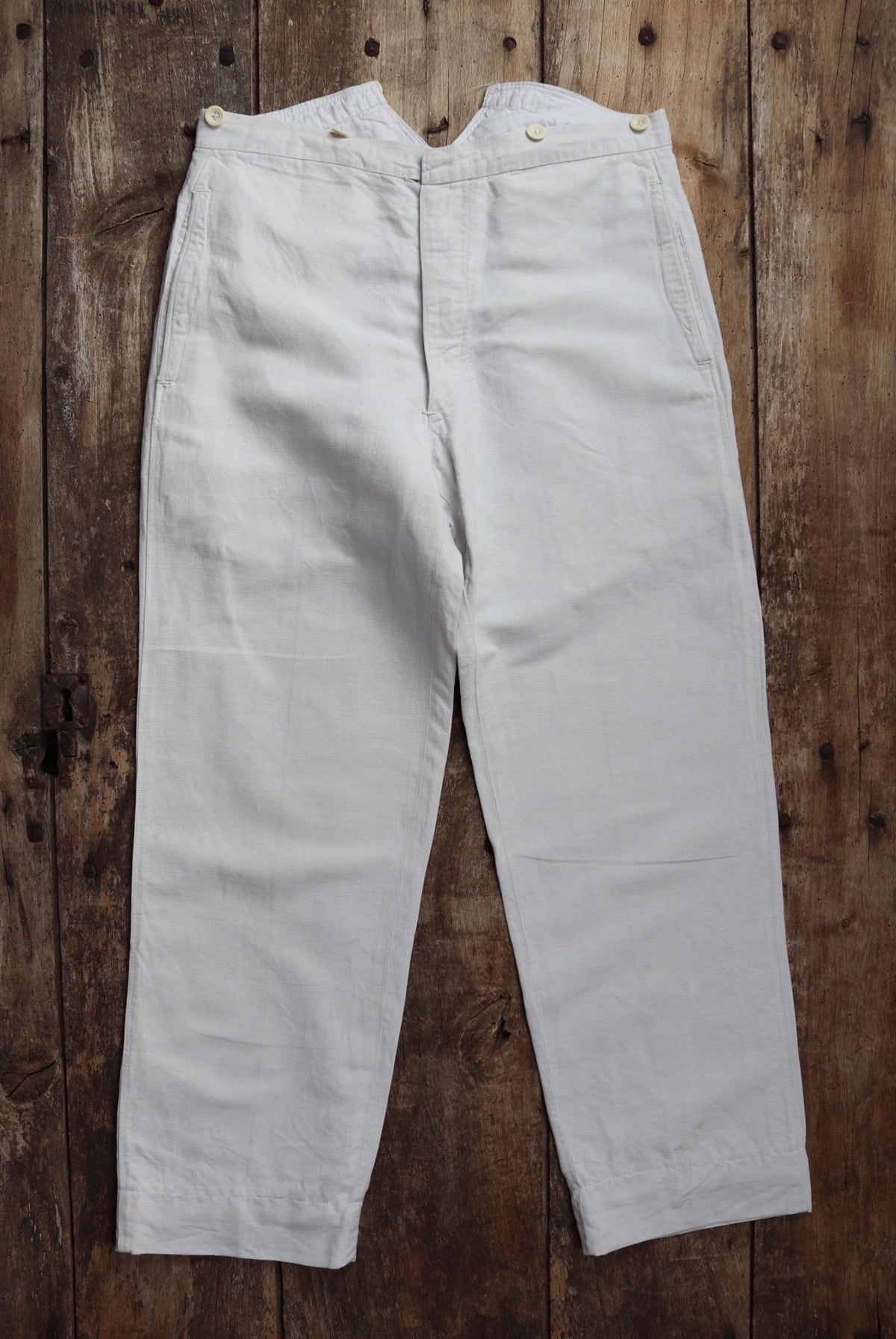 Vintage 1910s French white linen trousers - 32” x 29” - buckle back