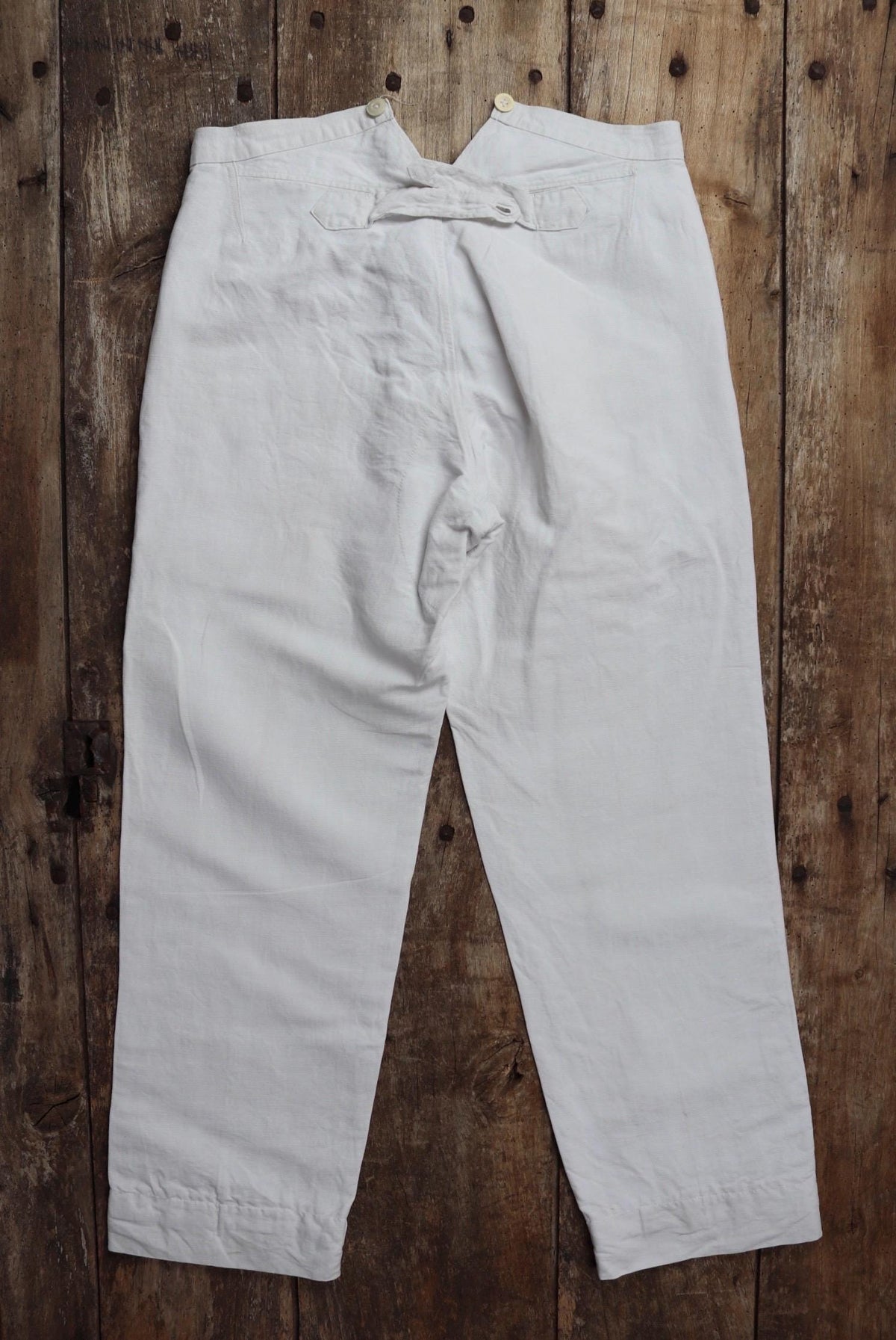 Vintage 1910s French white linen trousers - 32” x 29” - buckle back
