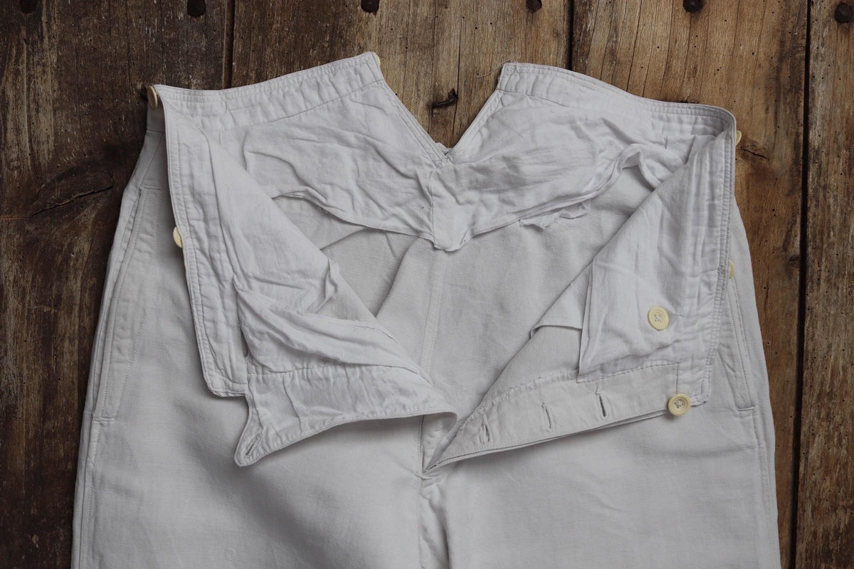 Vintage 1910s French white linen trousers - 32” x 29” - buckle back