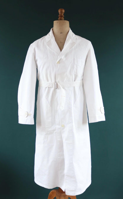 Vintage 1960s French white cotton workwear jacket - belted overalls - 44” chest