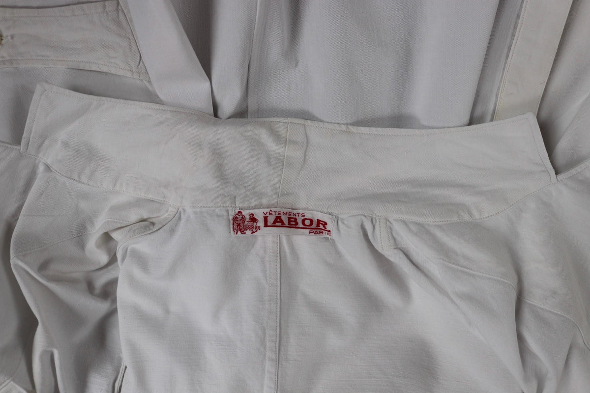 Vintage 1960s French white cotton workwear jacket - belted overalls - 44” chest