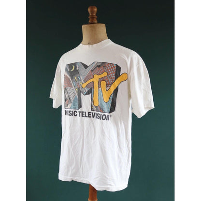 Vintage 1990s MTV t shirt - single stitch - skyscraper print - 45” chest