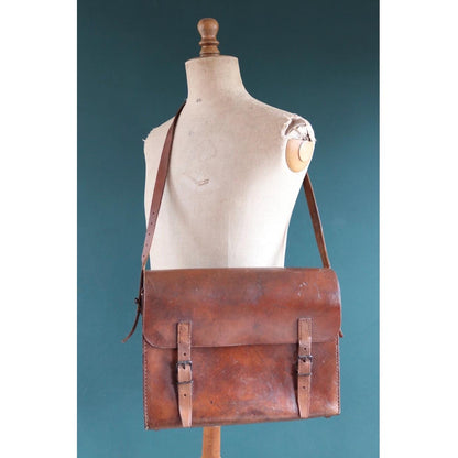 Vintage 1950s French brown leather mail bag - PTT - postman satchel - cross body - 14” x 11” x 4”