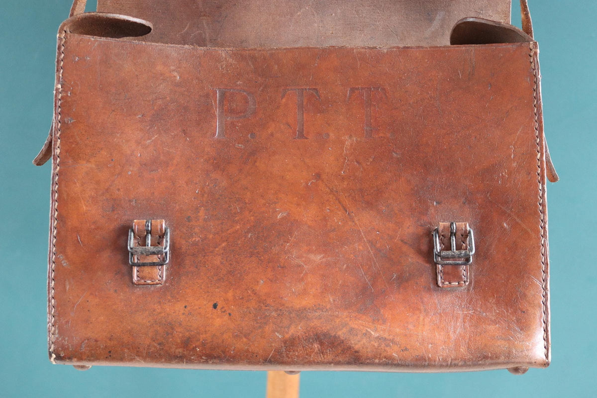 Vintage 1950s French brown leather mail bag - PTT - postman satchel - cross body - 14” x 11” x 4”