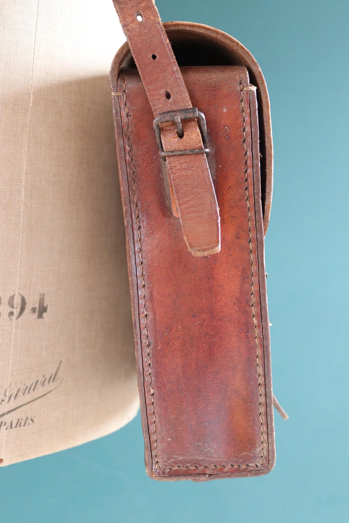 Vintage 1950s French brown leather mail bag - PTT - postman satchel - cross body - 14” x 11” x 4”
