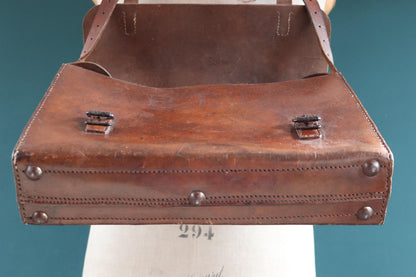 Vintage 1950s French brown leather mail bag - PTT - postman satchel - cross body - 14” x 11” x 4”