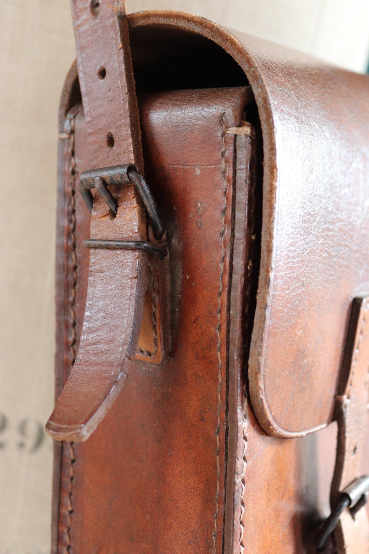 Vintage 1950s French brown leather mail bag - PTT - postman satchel - cross body - 14” x 11” x 4”