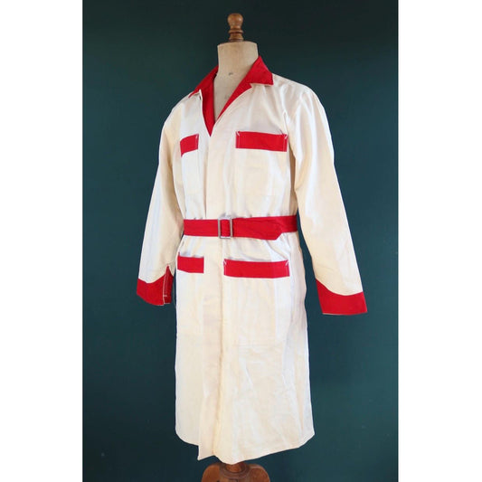 Vintage 1960s British workwear jacket - white herringbone cotton twill - factory coat - belted shop overalls - 47” chest
