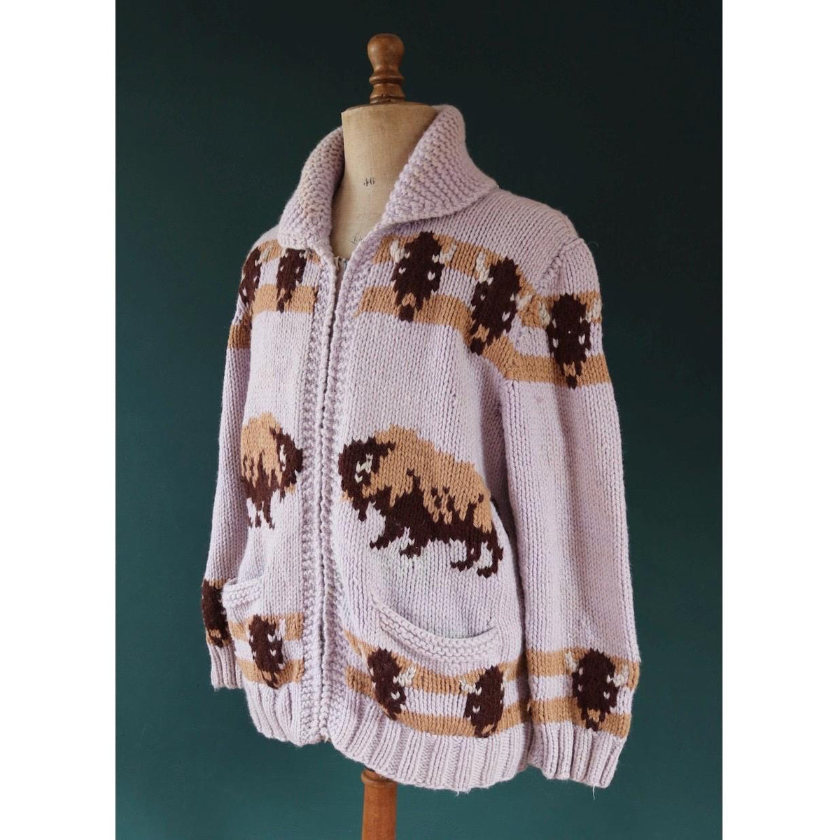 Vintage 1960s Cowichan wool sweater - novelty hand knit cardigan - buffalo design - 44” chest