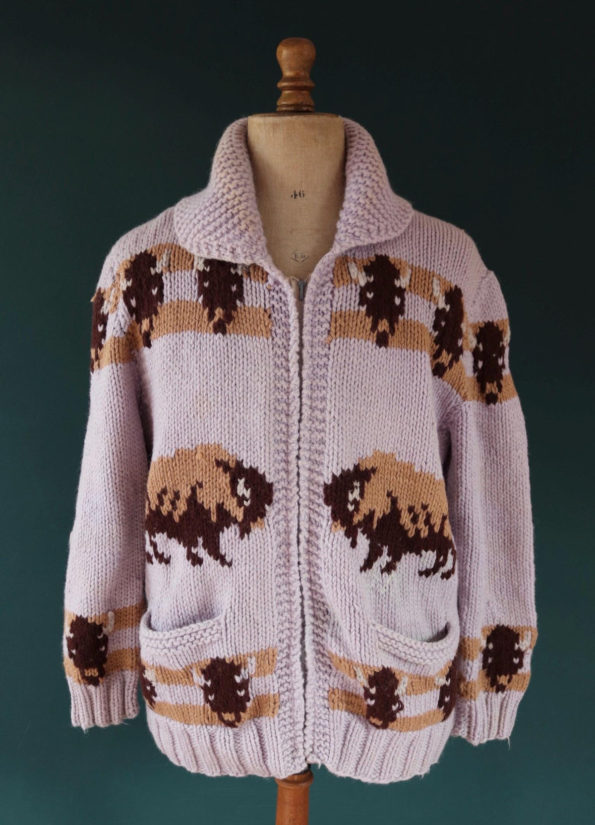 Vintage 1960s Cowichan wool sweater - novelty hand knit cardigan - buffalo design - 44” chest