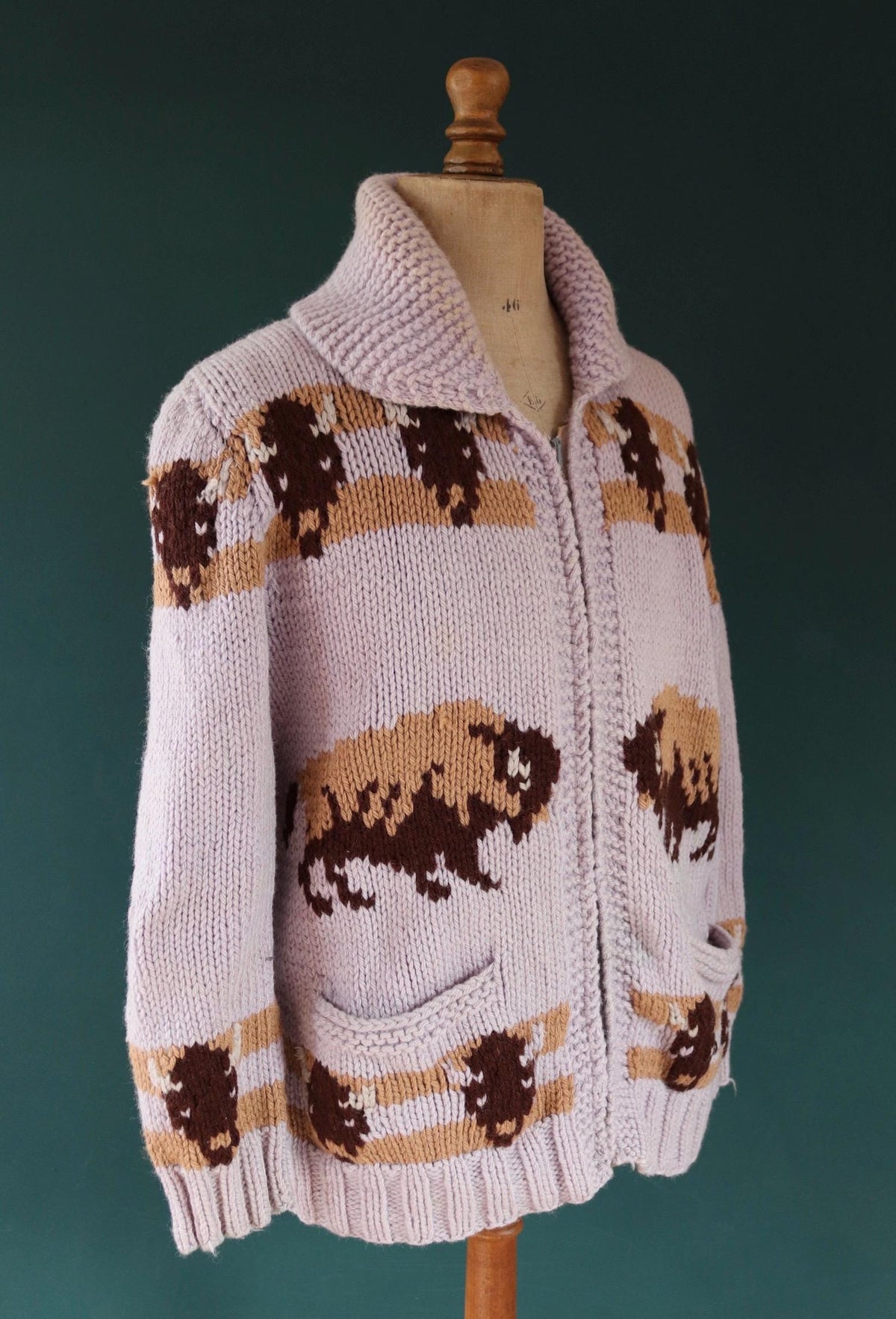 Vintage 1960s Cowichan wool sweater - novelty hand knit cardigan - buffalo design - 44” chest