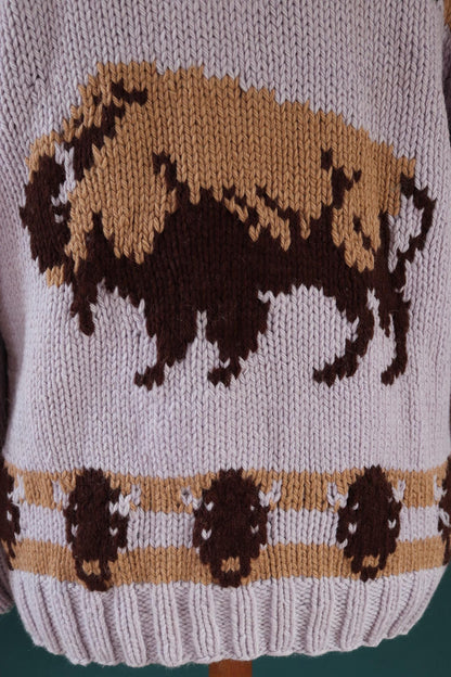 Vintage 1960s Cowichan wool sweater - novelty hand knit cardigan - buffalo design - 44” chest