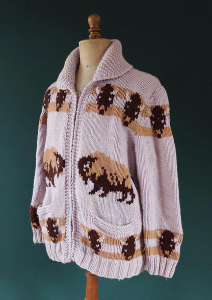 Vintage 1960s Cowichan wool sweater - novelty hand knit cardigan - buffalo design - 44” chest