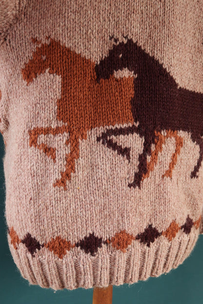 Vintage 1960s Cowichan wool sweater - novelty hand knit cardigan - horse design - 45” chest