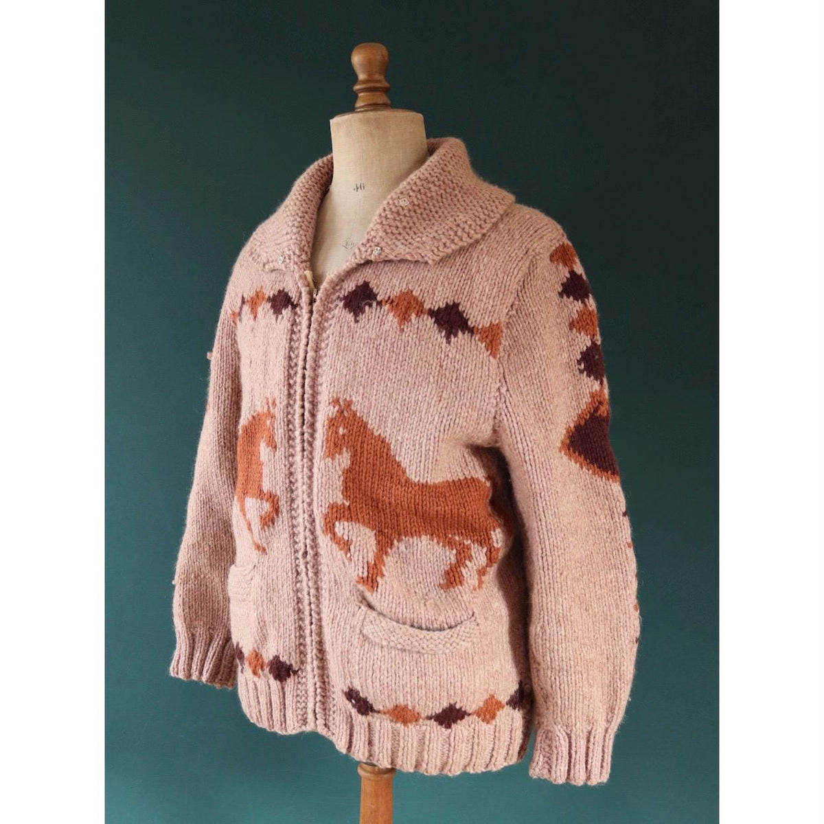 Vintage 1960s Cowichan wool sweater - novelty hand knit cardigan - horse design - 45” chest