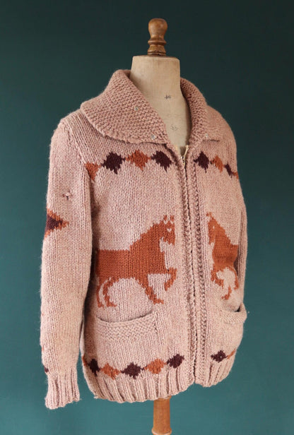 Vintage 1960s Cowichan wool sweater - novelty hand knit cardigan - horse design - 45” chest