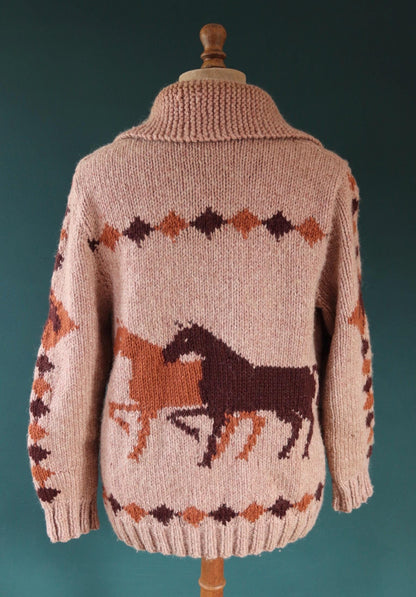 Vintage 1960s Cowichan wool sweater - novelty hand knit cardigan - horse design - 45” chest