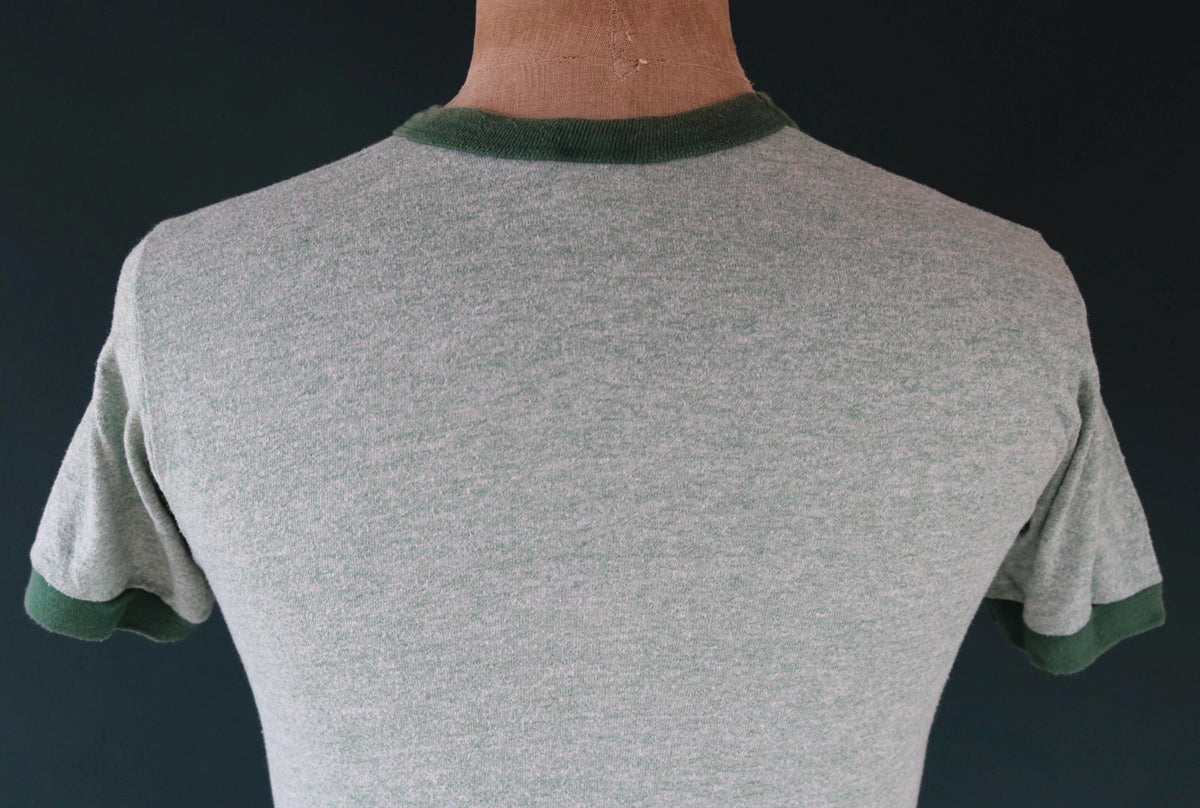 Vintage 1970s t shirt - green marl - 35” chest - ringer sportswear - made in USA