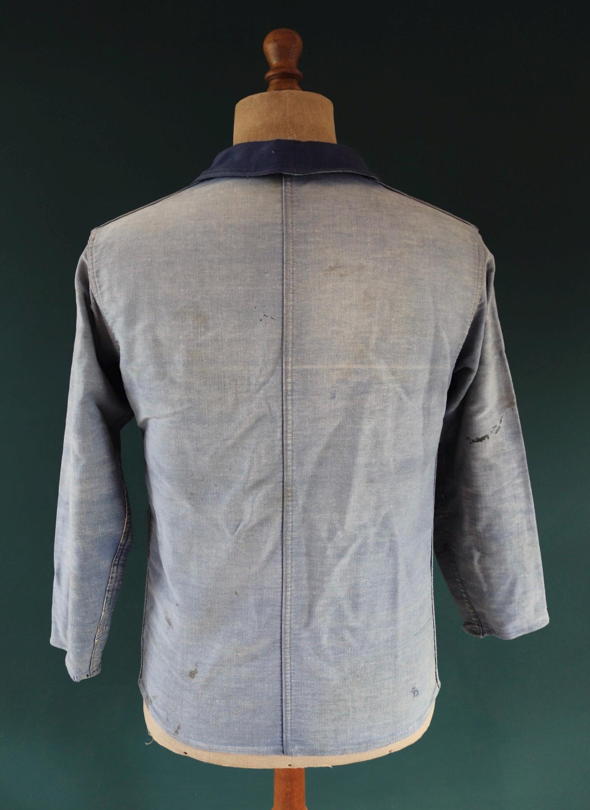 Vintage 1940s French blue moleskin workwear jacket - distressed chore coat - darned and repaired - 39" chest