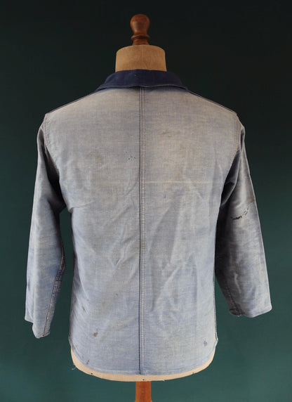 Vintage 1940s French blue moleskin workwear jacket - distressed chore coat - darned and repaired - 39" chest