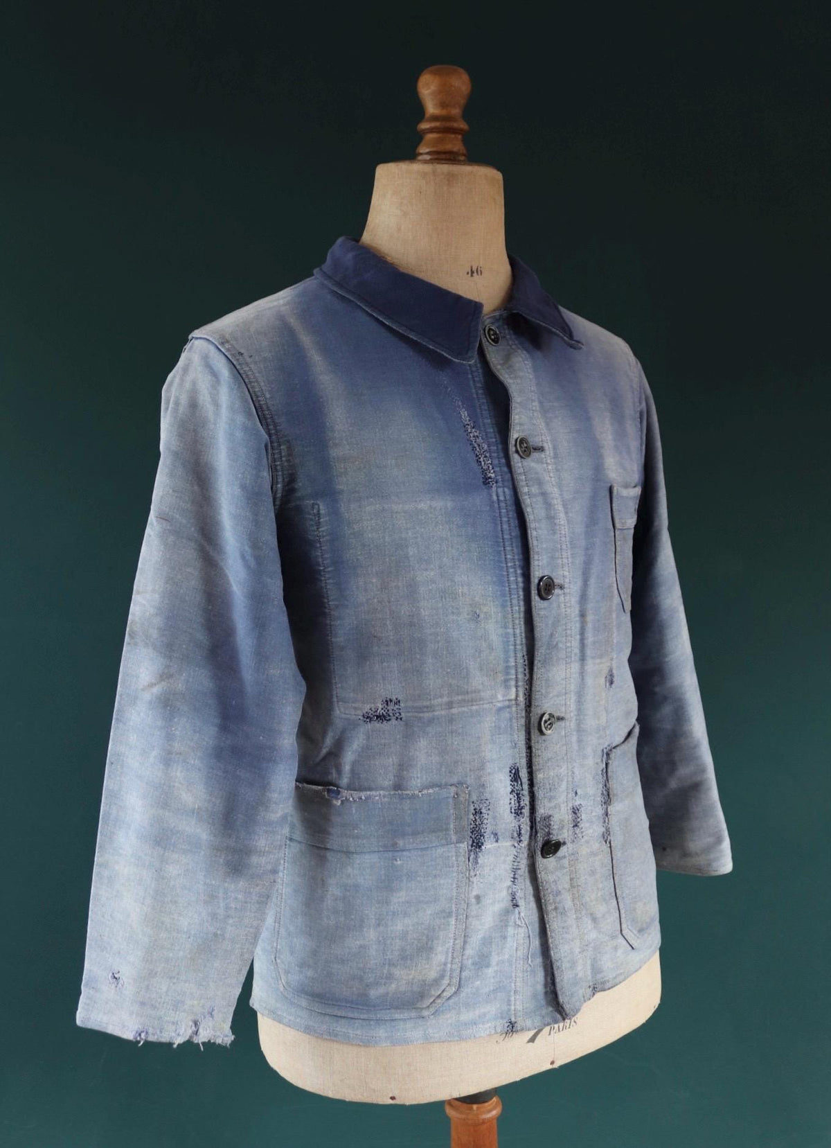 Vintage 1940s French blue moleskin workwear jacket - distressed chore coat - darned and repaired - 39" chest