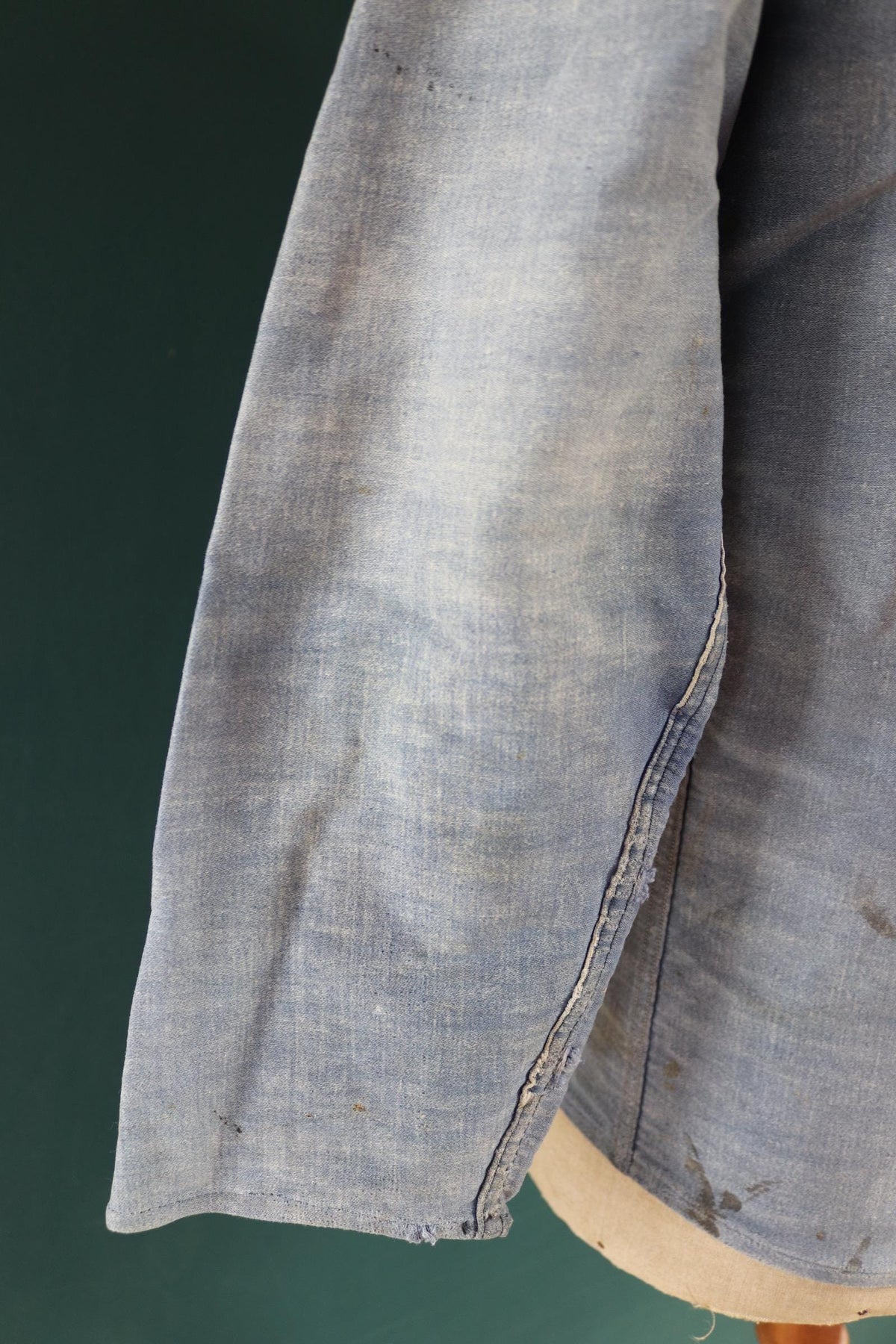 Vintage 1940s French blue moleskin workwear jacket - distressed chore coat - darned and repaired - 39" chest