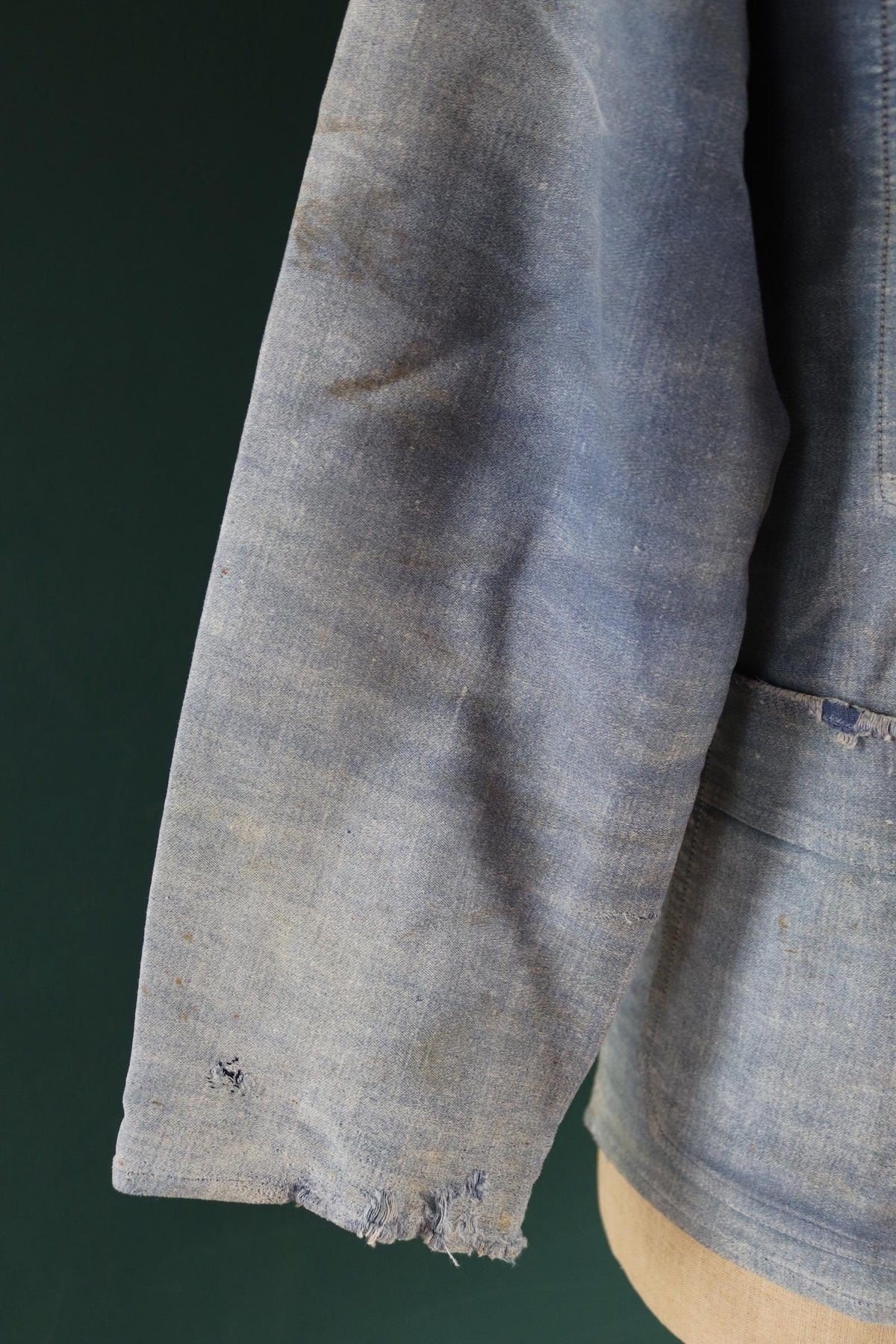 Vintage 1940s French blue moleskin workwear jacket - distressed chore coat - darned and repaired - 39" chest