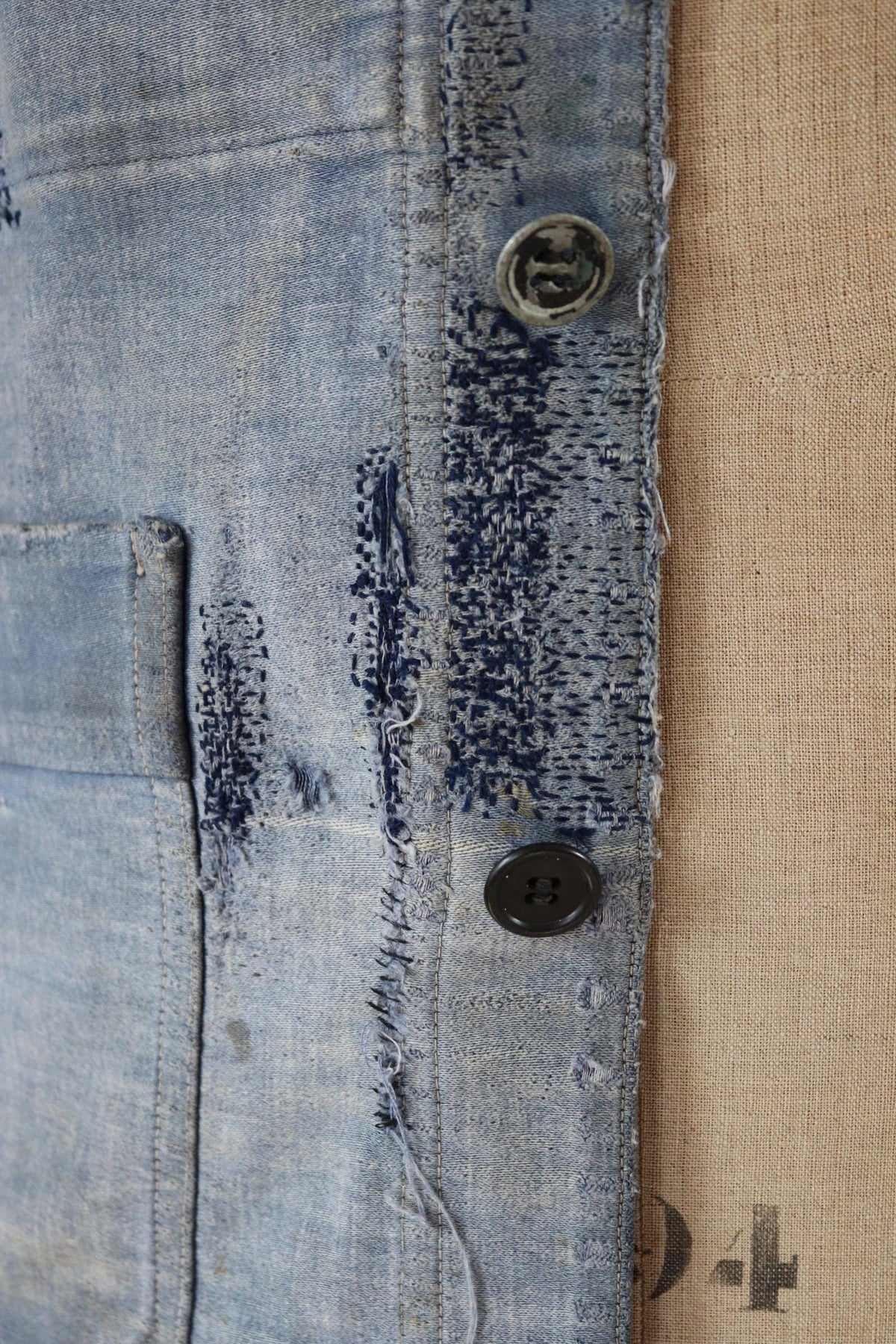 Vintage 1940s French blue moleskin workwear jacket - distressed chore coat - darned and repaired - 39" chest