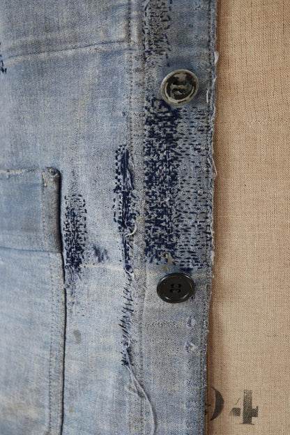 Vintage 1940s French blue moleskin workwear jacket - distressed chore coat - darned and repaired - 39" chest