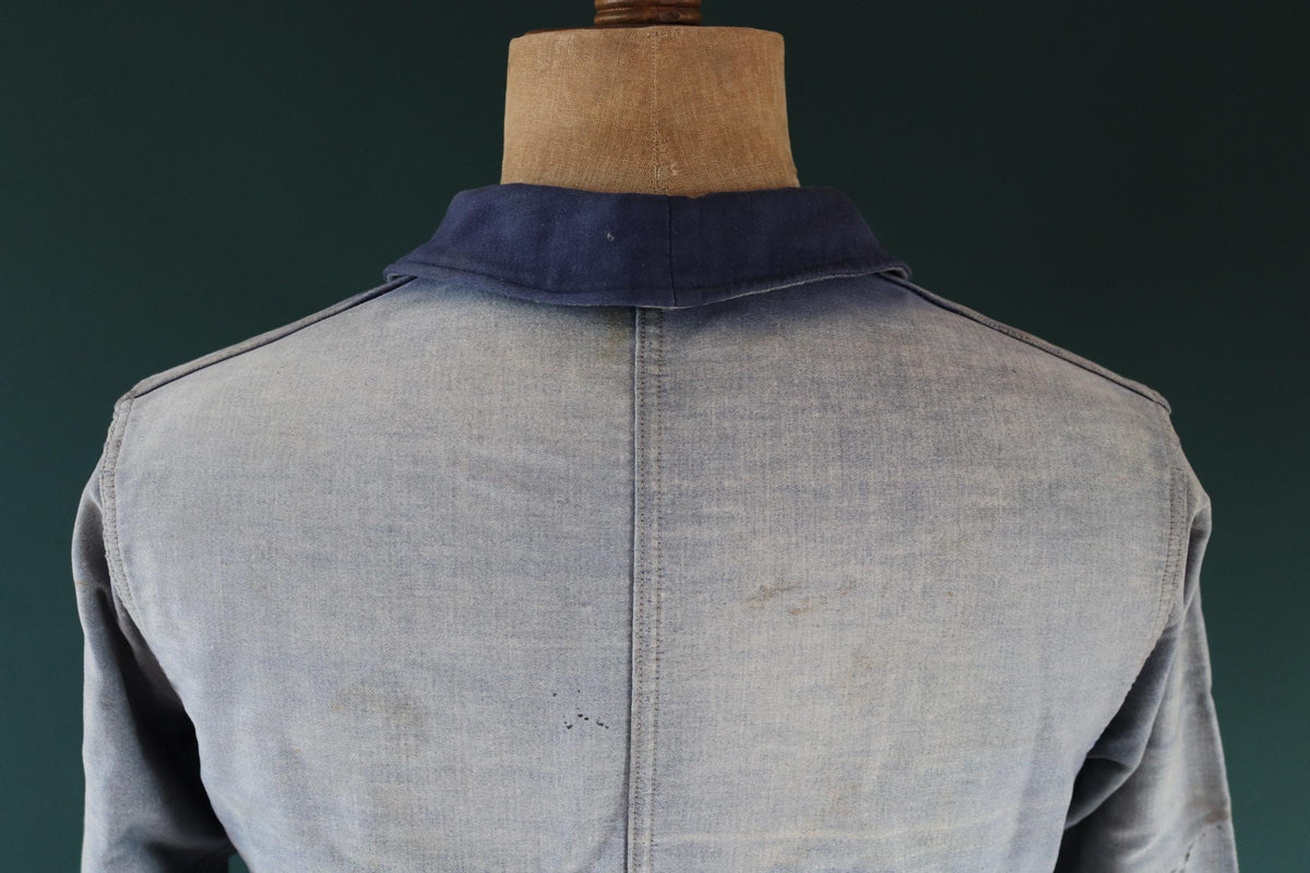 Vintage 1940s French blue moleskin workwear jacket - distressed chore coat - darned and repaired - 39" chest