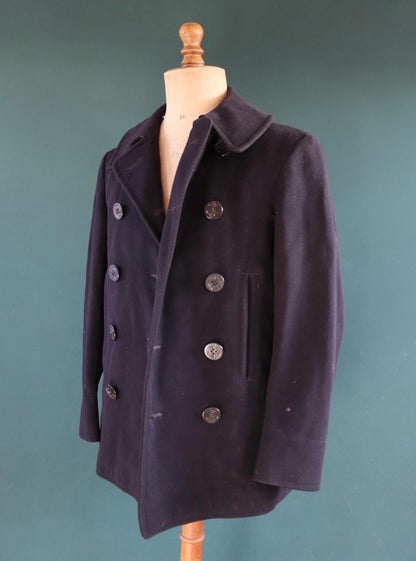 Vintage 1950s wool pea coat - embroidered military souvenir - USN Korean War era - reefer jacket - 37" chest