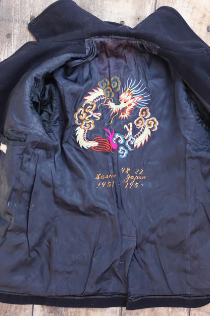 Vintage 1950s wool pea coat - embroidered military souvenir - USN Korean War era - reefer jacket - 37" chest