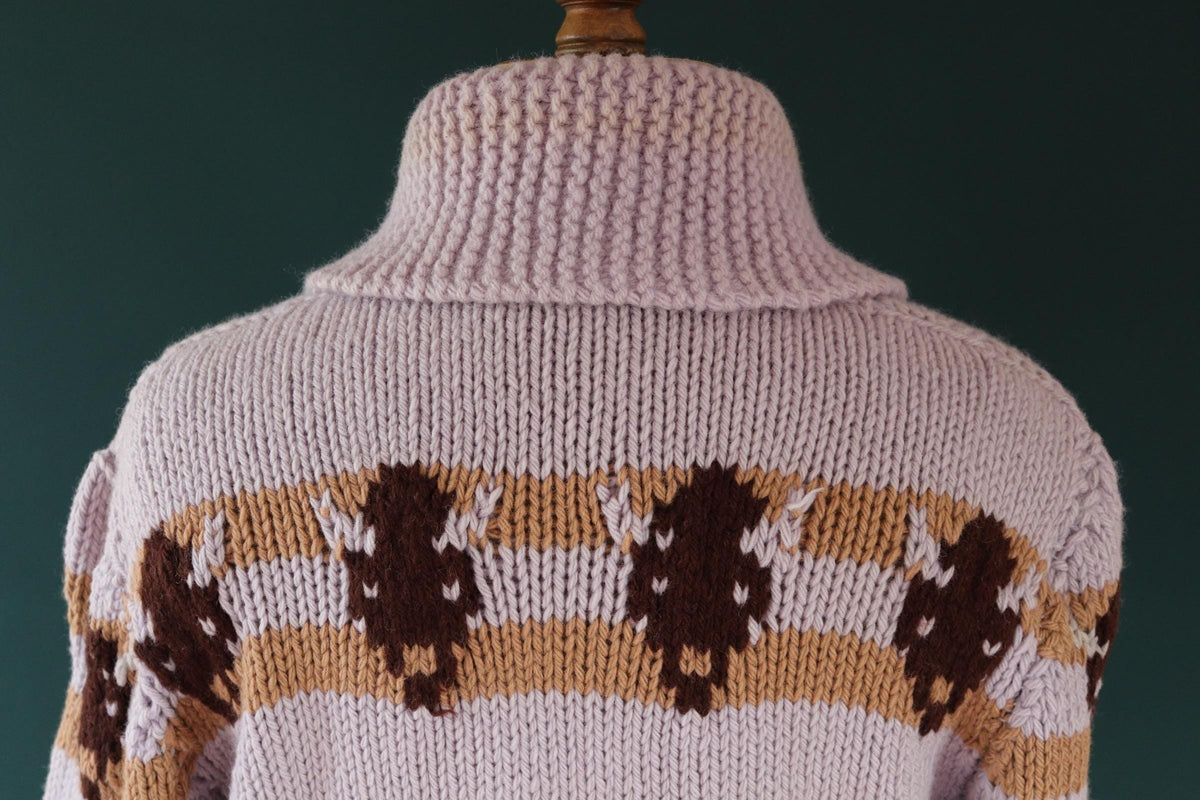 Vintage 1960s Cowichan wool sweater - novelty hand knit cardigan - buffalo design - 44” chest