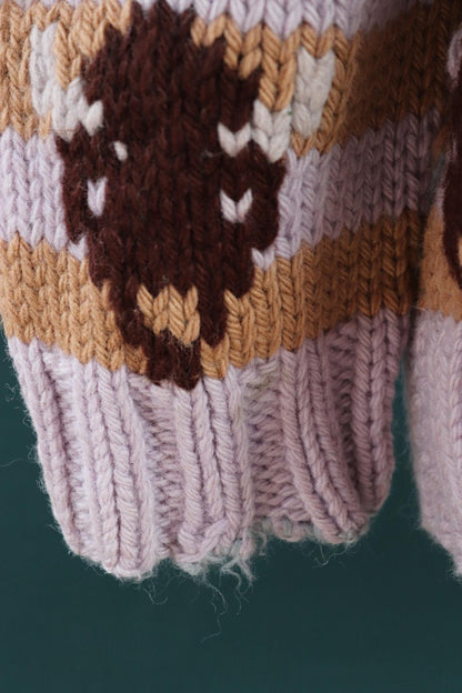 Vintage 1960s Cowichan wool sweater - novelty hand knit cardigan - buffalo design - 44” chest