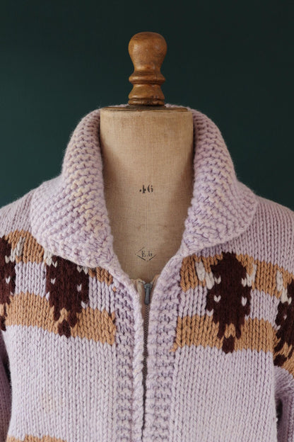 Vintage 1960s Cowichan wool sweater - novelty hand knit cardigan - buffalo design - 44” chest