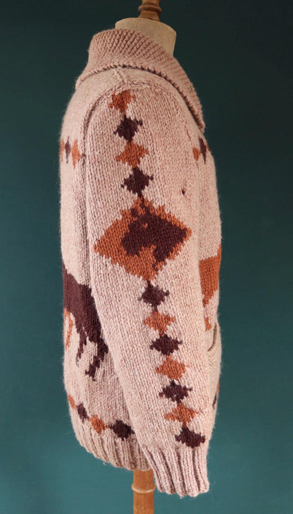 Vintage 1960s Cowichan wool sweater - novelty hand knit cardigan - horse design - 45” chest