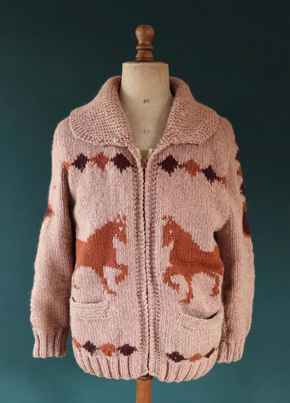 Vintage 1960s Cowichan wool sweater - novelty hand knit cardigan - horse design - 45” chest