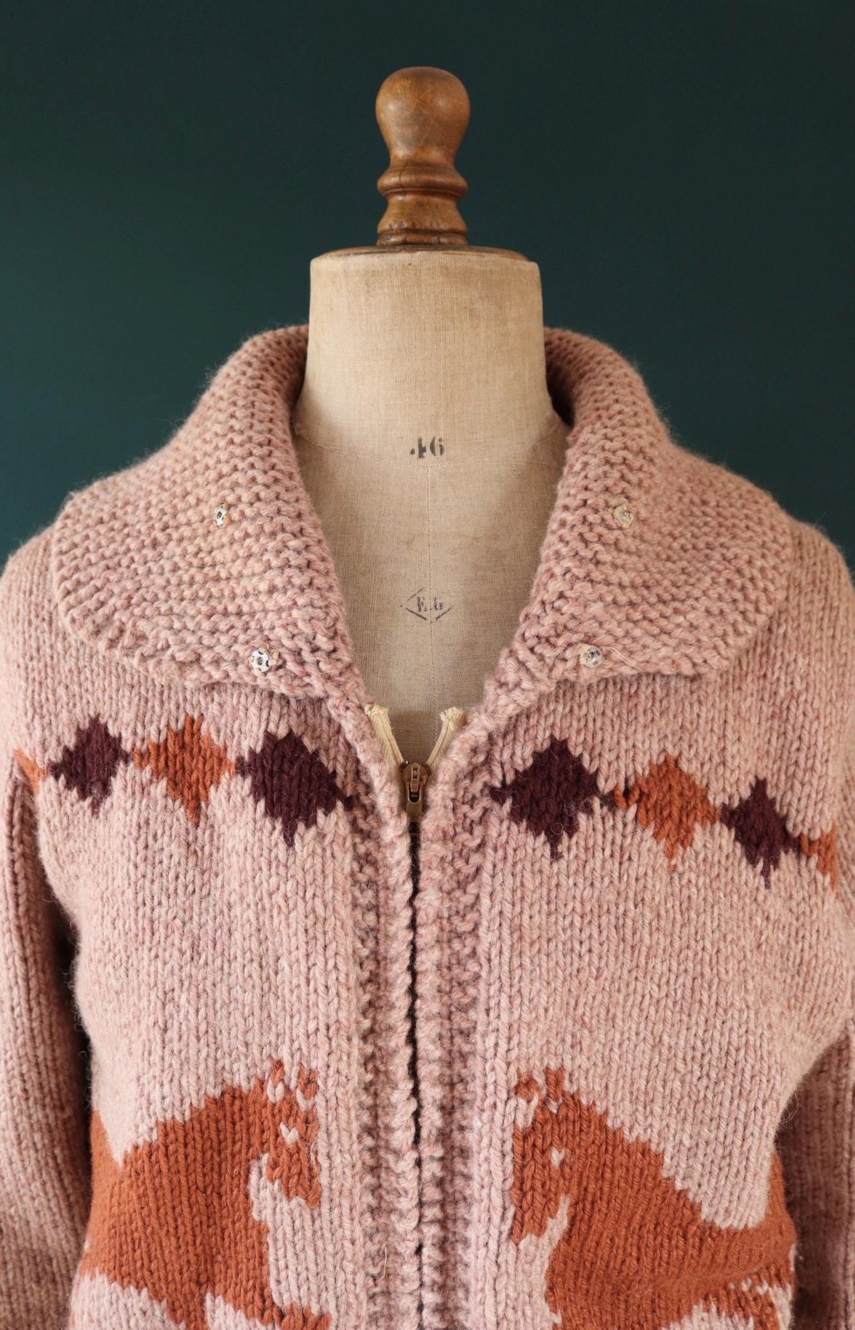 Vintage 1960s Cowichan wool sweater - novelty hand knit cardigan - horse design - 45” chest