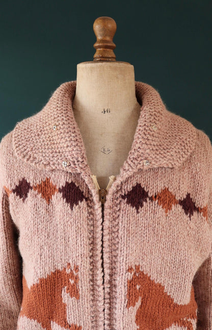 Vintage 1960s Cowichan wool sweater - novelty hand knit cardigan - horse design - 45” chest