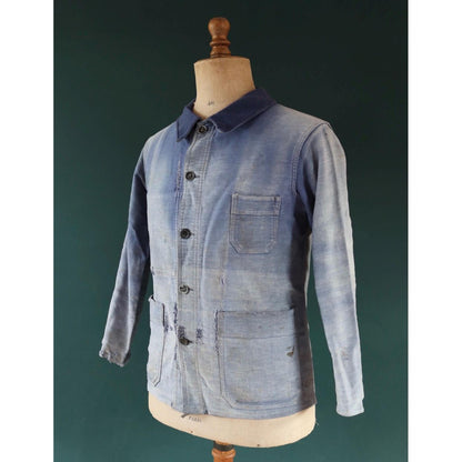 Vintage 1940s French blue moleskin workwear jacket - distressed chore coat - darned and repaired - 39" chest