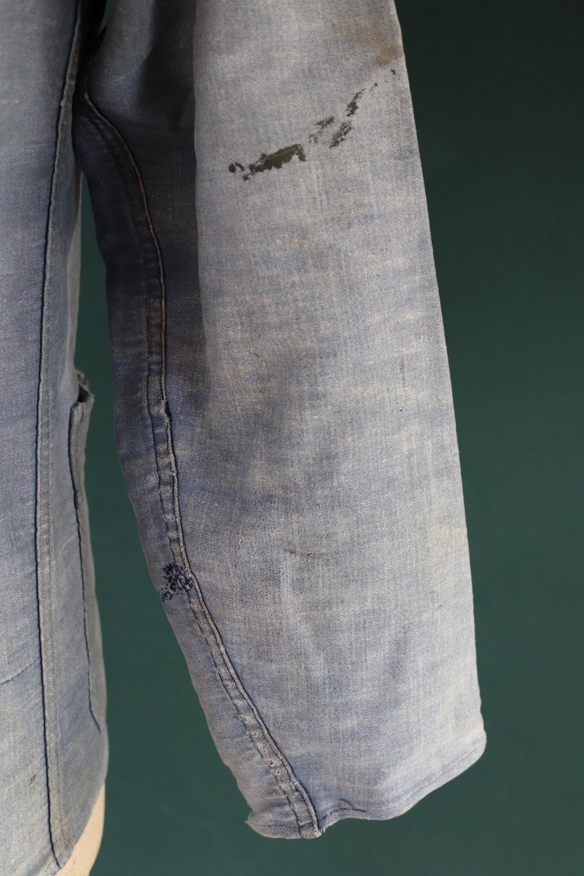 Vintage 1940s French blue moleskin workwear jacket - distressed chore coat - darned and repaired - 39" chest