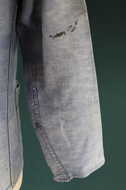 Vintage 1940s French blue moleskin workwear jacket - distressed chore coat - darned and repaired - 39" chest