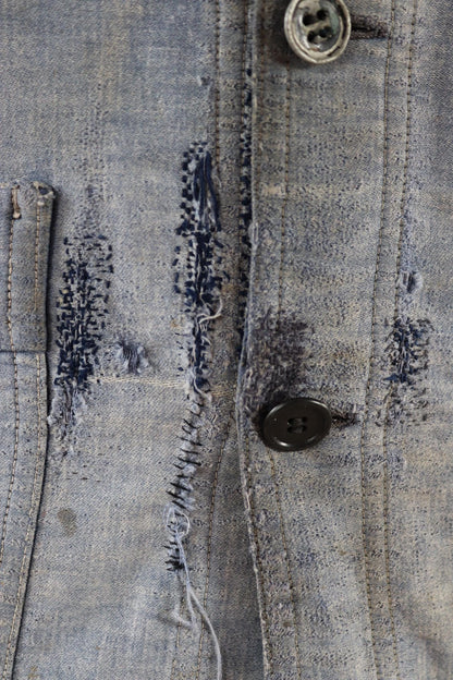 Vintage 1940s French blue moleskin workwear jacket - distressed chore coat - darned and repaired - 39" chest